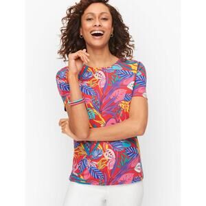 Talbots Size XL Jungle Leaves Short Sleeve Pima Crewneck Tee Top Cotton Blend